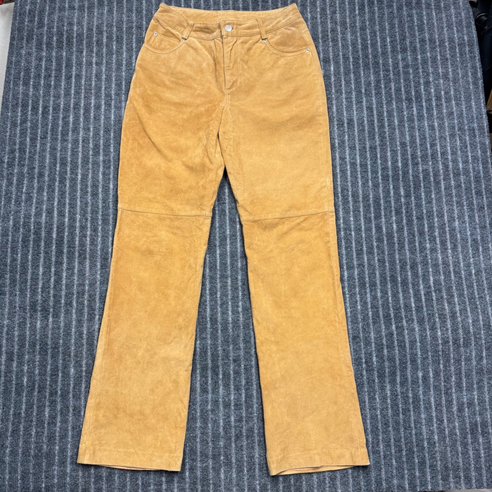 Newport News Womens 4 Tan Jeanology Genuine Leather Suede Straight Pants (2353)